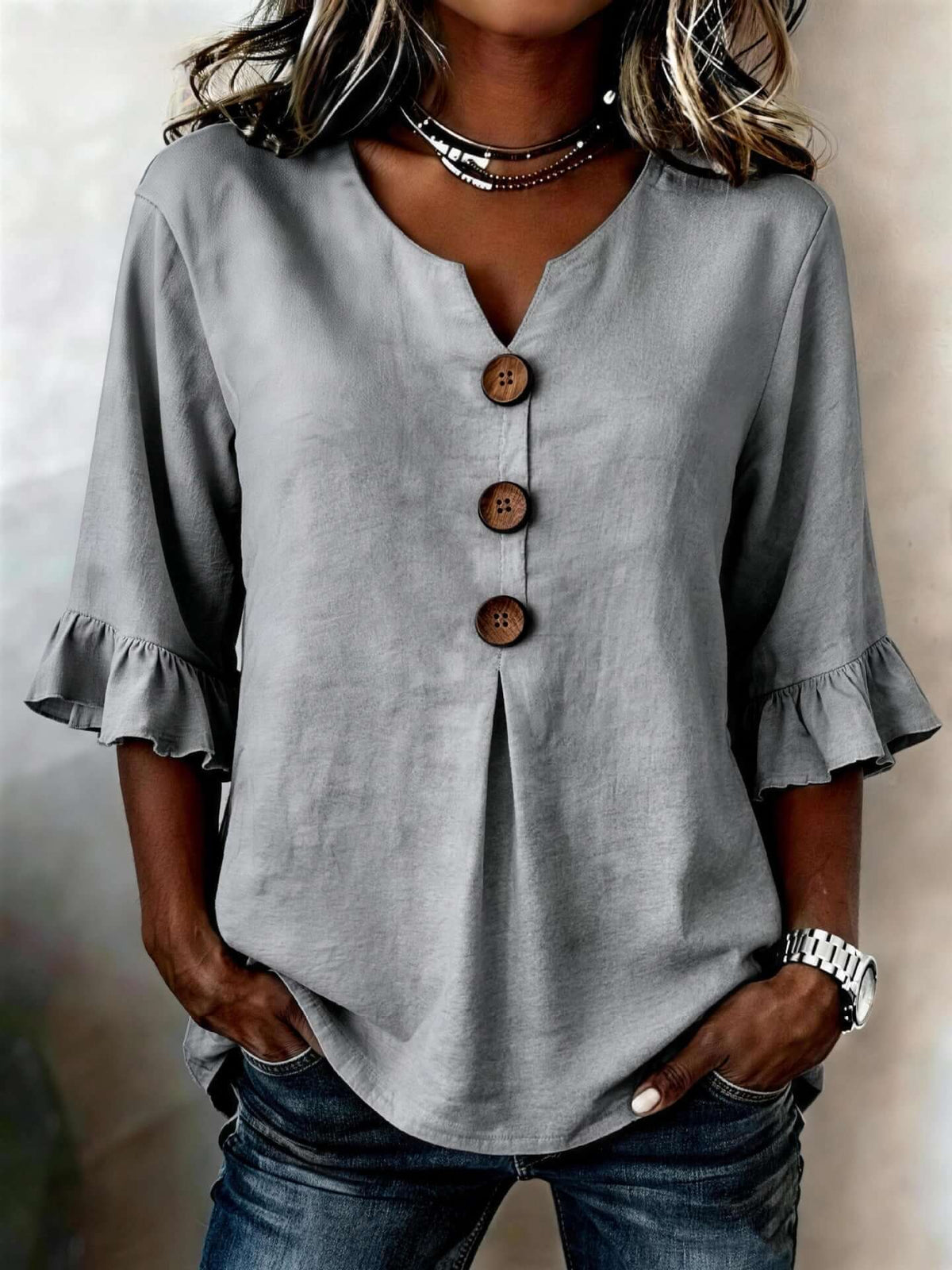 Women's Cotton-Linen V-Neck Blouse
