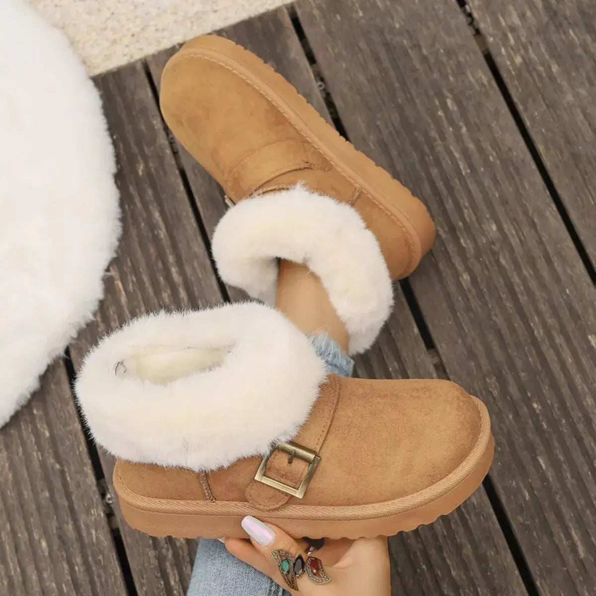 Fluff-Lined PU Leather Flat Shoes