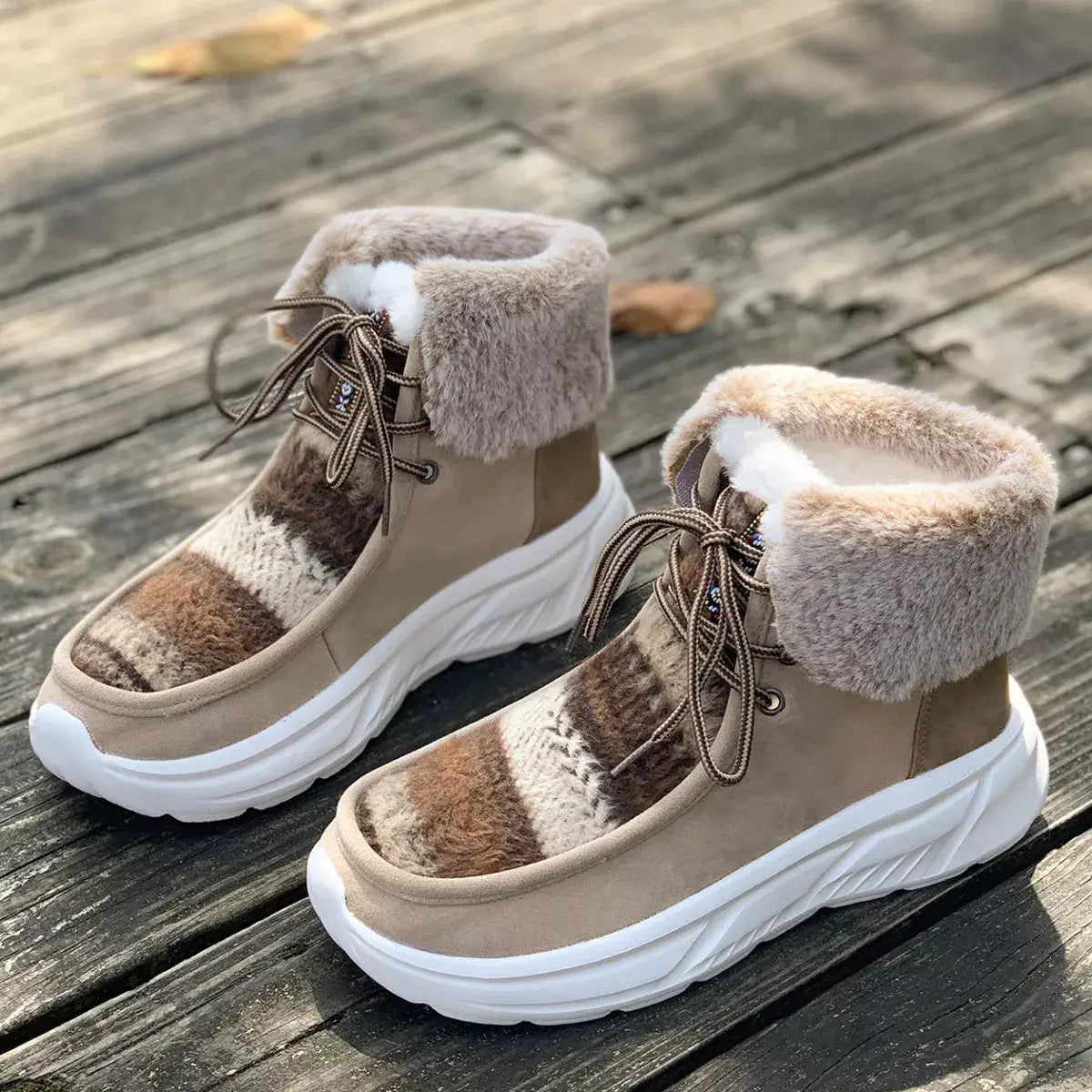 Warm fur lined ankle boots with plush interior and sturdy rubber sole, perfect for style and comfort.