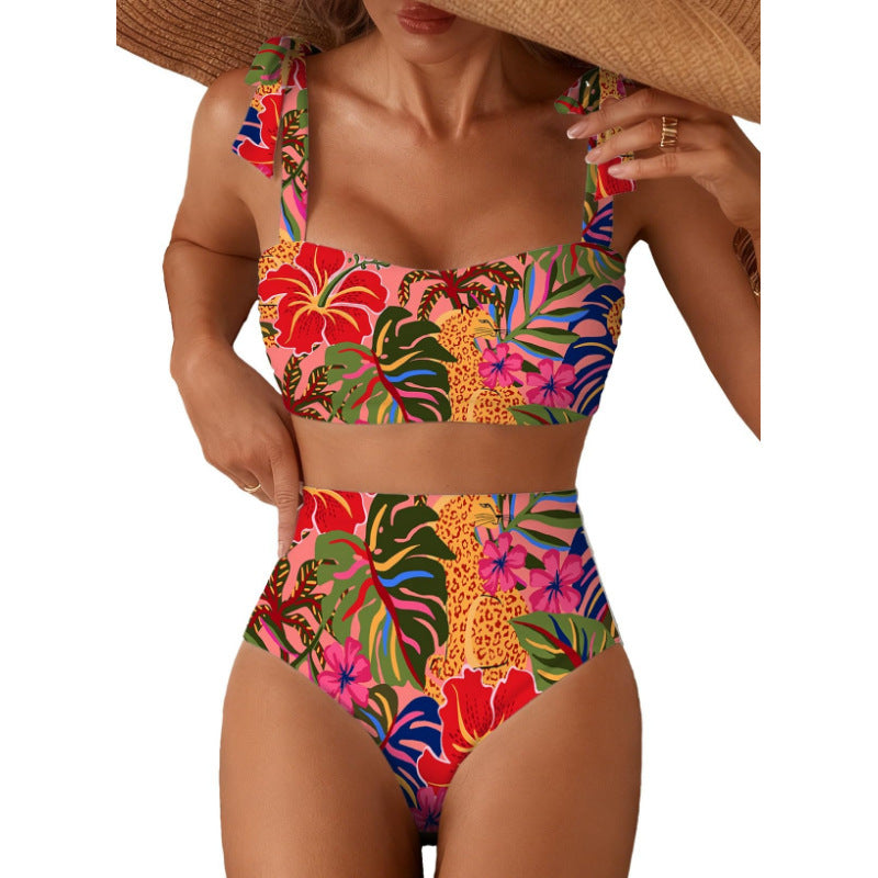 Tie-Shoulder High-Waisted Bikini Set