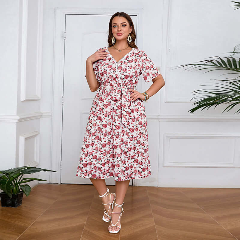 Plus-Size V-Neck Floral Midi Dress in red, featuring a belt and pockets, perfect for womens fashion and summer outings.