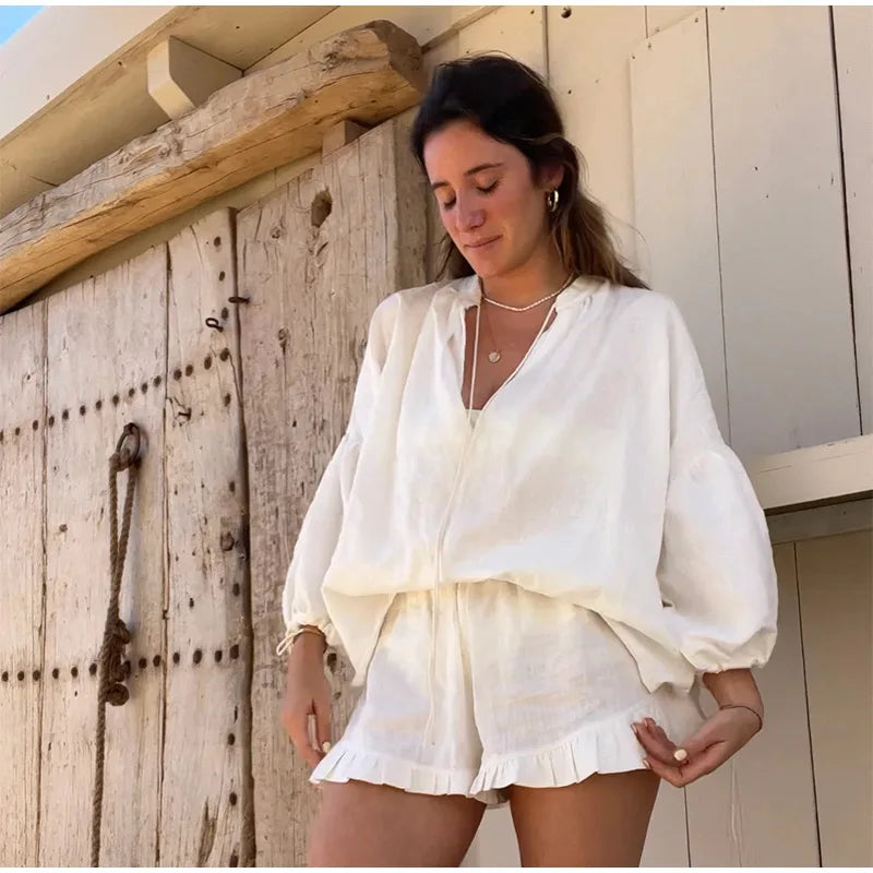Women’s Cotton-Linen Ruffle Shorts Set