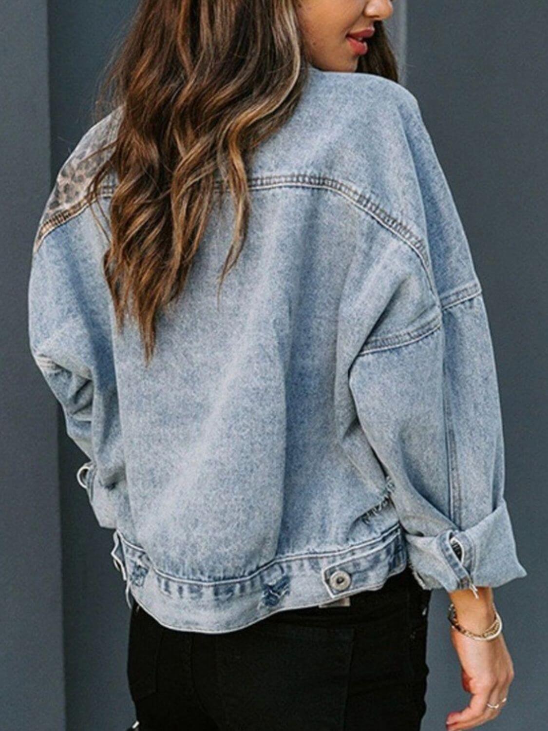 Distressed Leopard Drop-Shoulder Denim Jacket