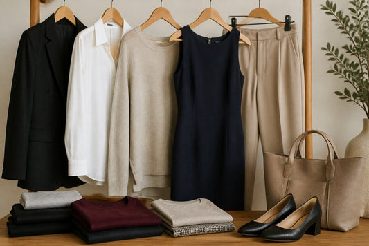 Affordable work clothes for women 2026, featuring blazers, blouses, dresses, and shoes for business casual style.