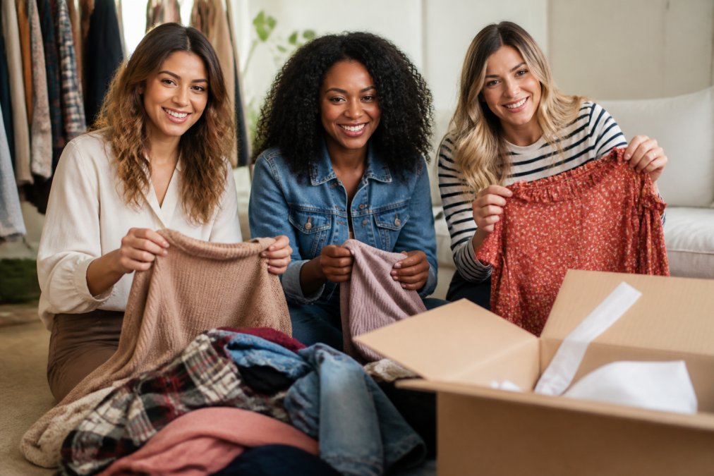 Three women sorting clothes from a box, sharing fast fashion return tips to avoid potential wardrobe issues.