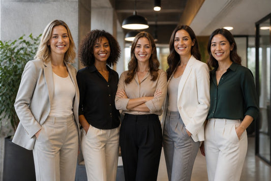 Five stylish women in versatile office clothing online, showcasing a polished work wardrobe for any occasion.