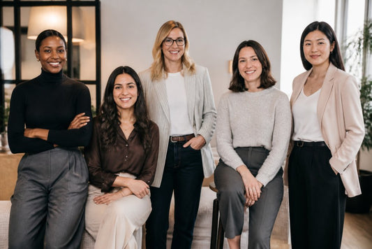 A diverse group of professional women showcasing mixing work fashion trends 2026 in a modern office setting.