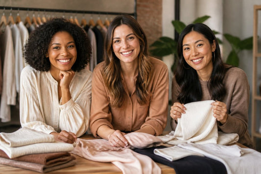 Three women demonstrating how to spot quality clothing online with different fabric and styles.