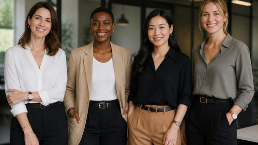 four women dressed in work attire featuring accessories styling guide for work with elegant jewelry and belts