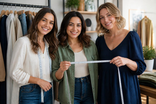 Three women smiling while measuring each other to verify online clothing sizing in a clothing store.