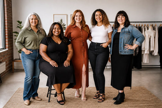 inclusive sizing fashion brands 2026 featuring diverse models showcasing stylish outfits in a boutique setting.