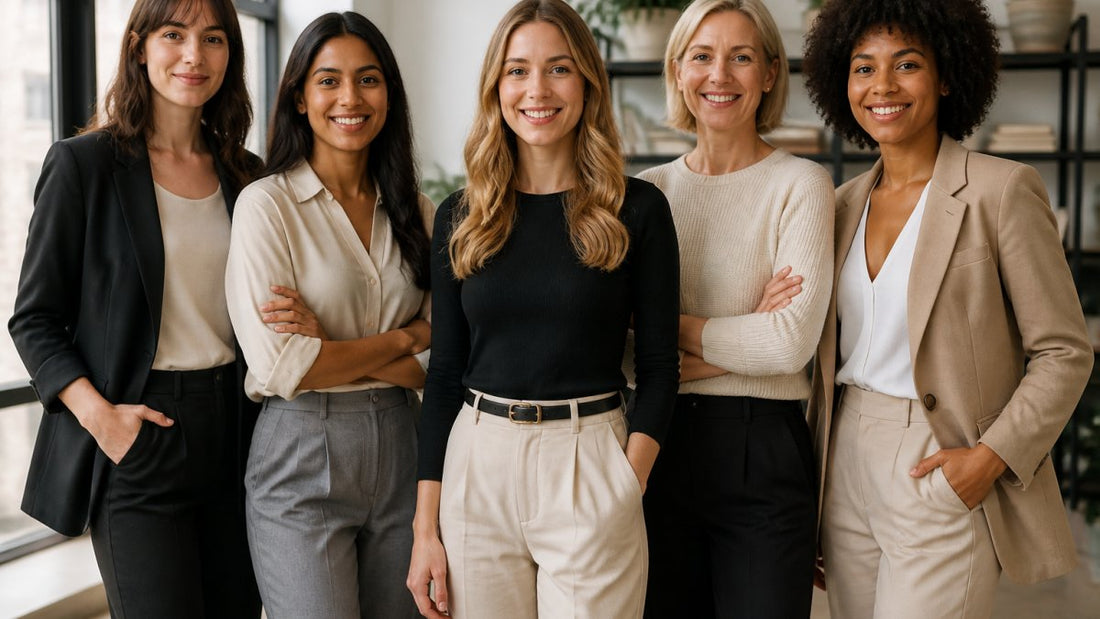 Five stylish women showcasing modern women's business casual style guide in a bright office setting.