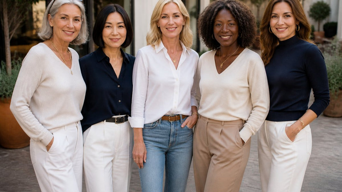Five stylish women over 40 showcasing chic outfits for women over 40 in a beautiful outdoor setting.