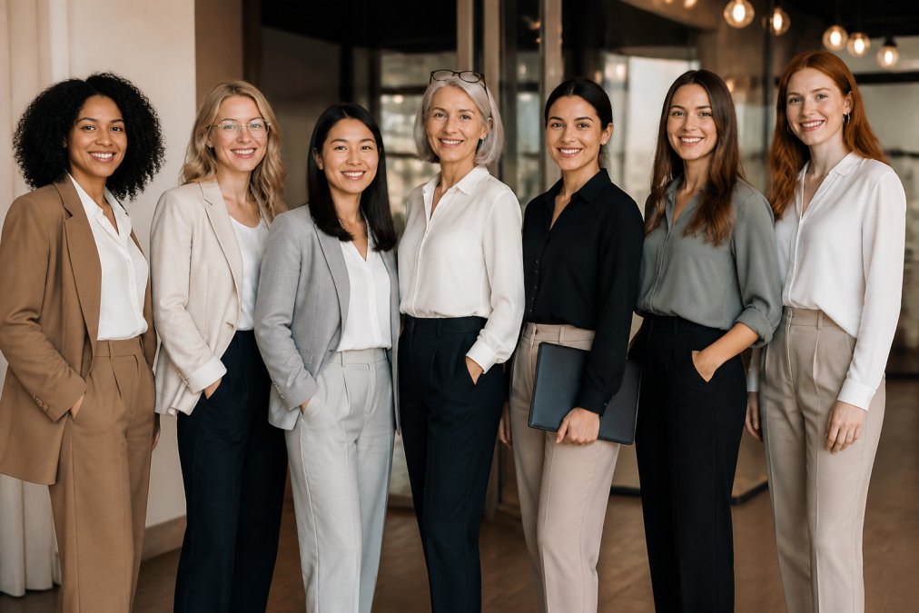 Stylish work clothes for women 2026 featuring a diverse group of women in modern office outfits.