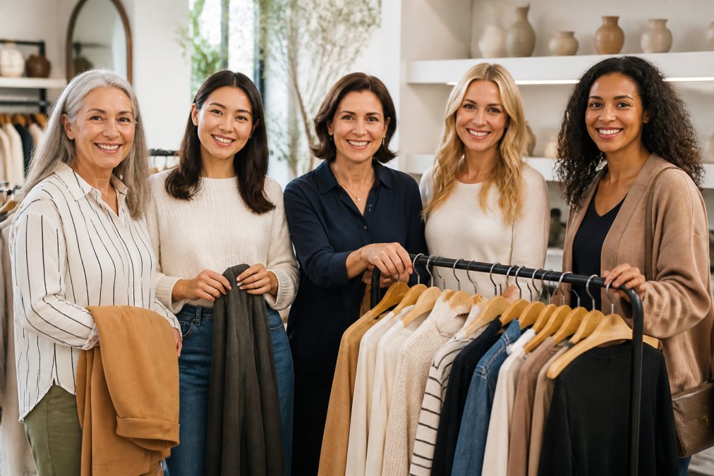 Smiling group of women in a clothing store showcasing curated fashion, emphasizing the benefits of curated fashion 2026.