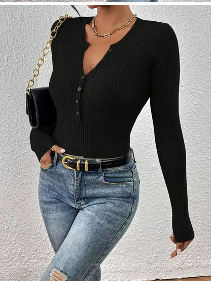 Ribbed Knit Button-Front Top