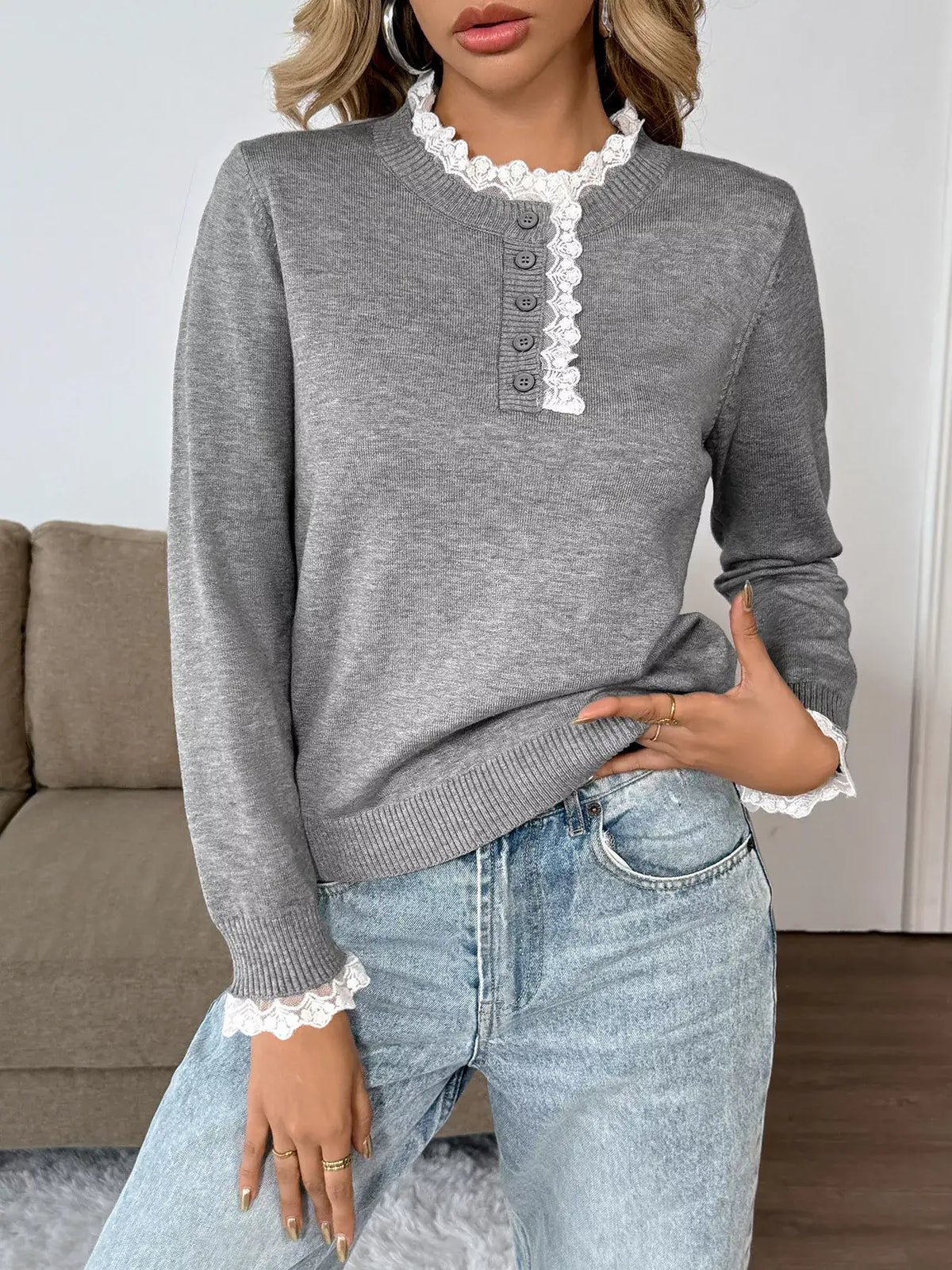 Lace Trim Button Detail Knit Top