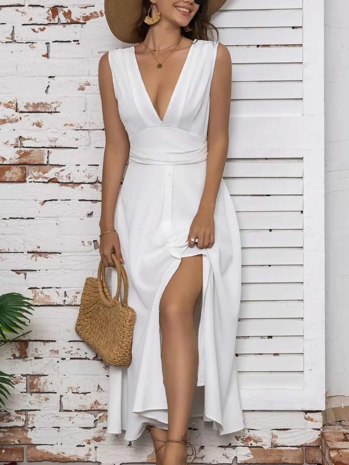 Full-Size Slit V-Neck Sleeveless Dress