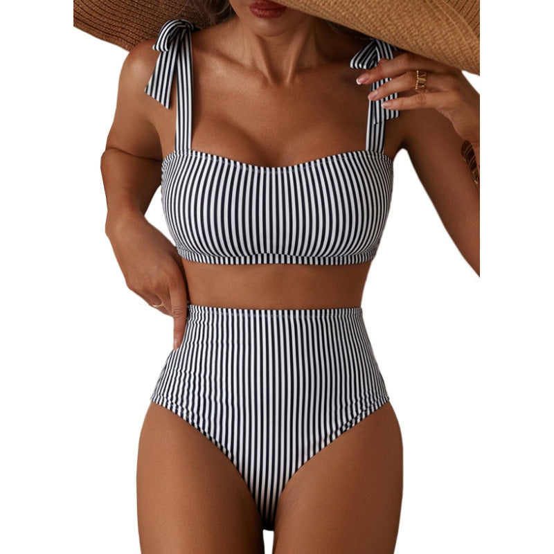 Tie-Shoulder High-Waisted Bikini Set
