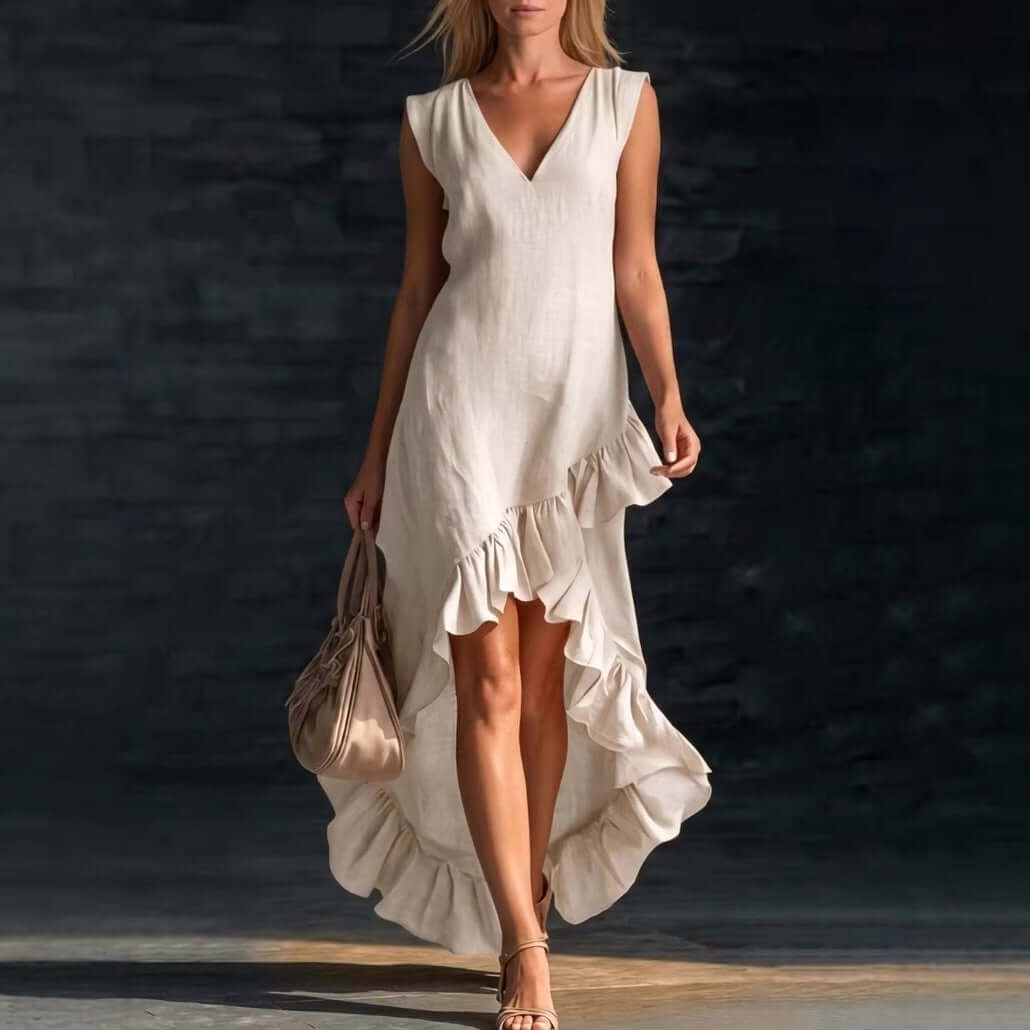 Cotton sleeveless casual dress for women, featuring a ruffled hemline and elegant design, perfect for warm weather.