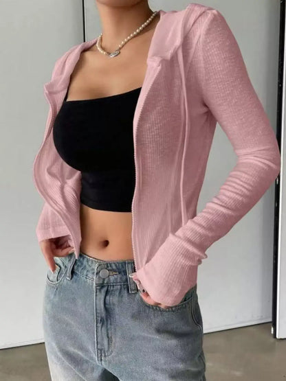 Ribbed Drawstring Zip Top