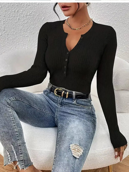 Ribbed Knit Button-Front Top