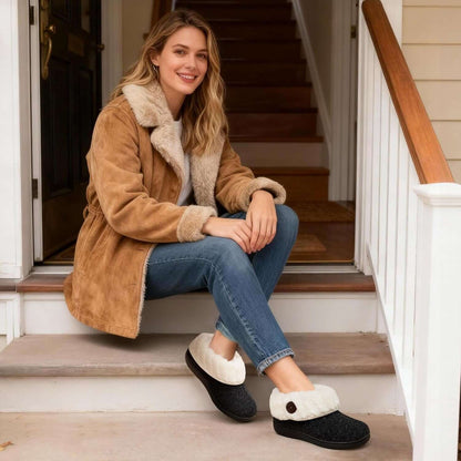 Women'S Wool Cozy Memory Foam Winter Slippers Indoor Outdoor with Fuzzy Faux Fur Collar
