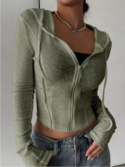 Ribbed Drawstring Zip Top