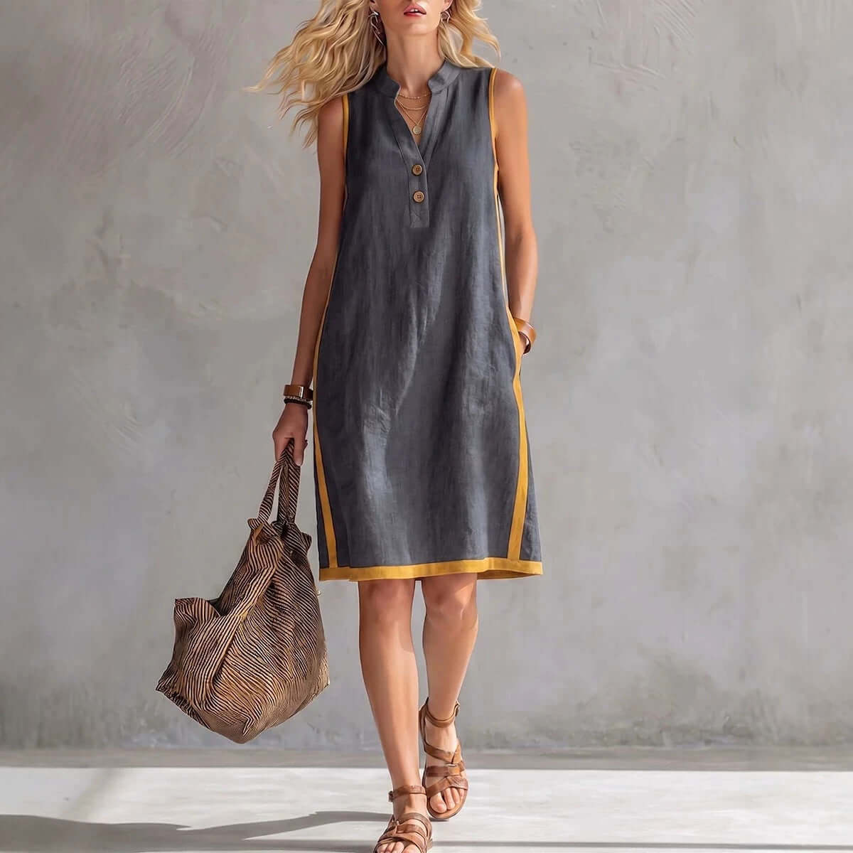 womens v-neck button-front midi dress in dark grey with yellow accents and buttons