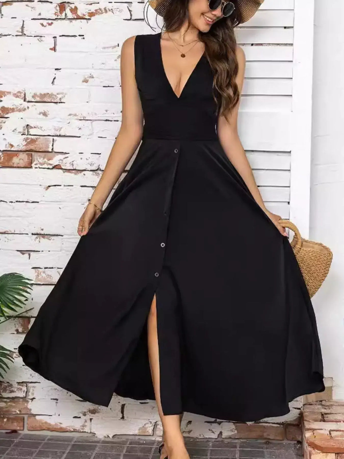 Full-Size Slit V-Neck Sleeveless Dress