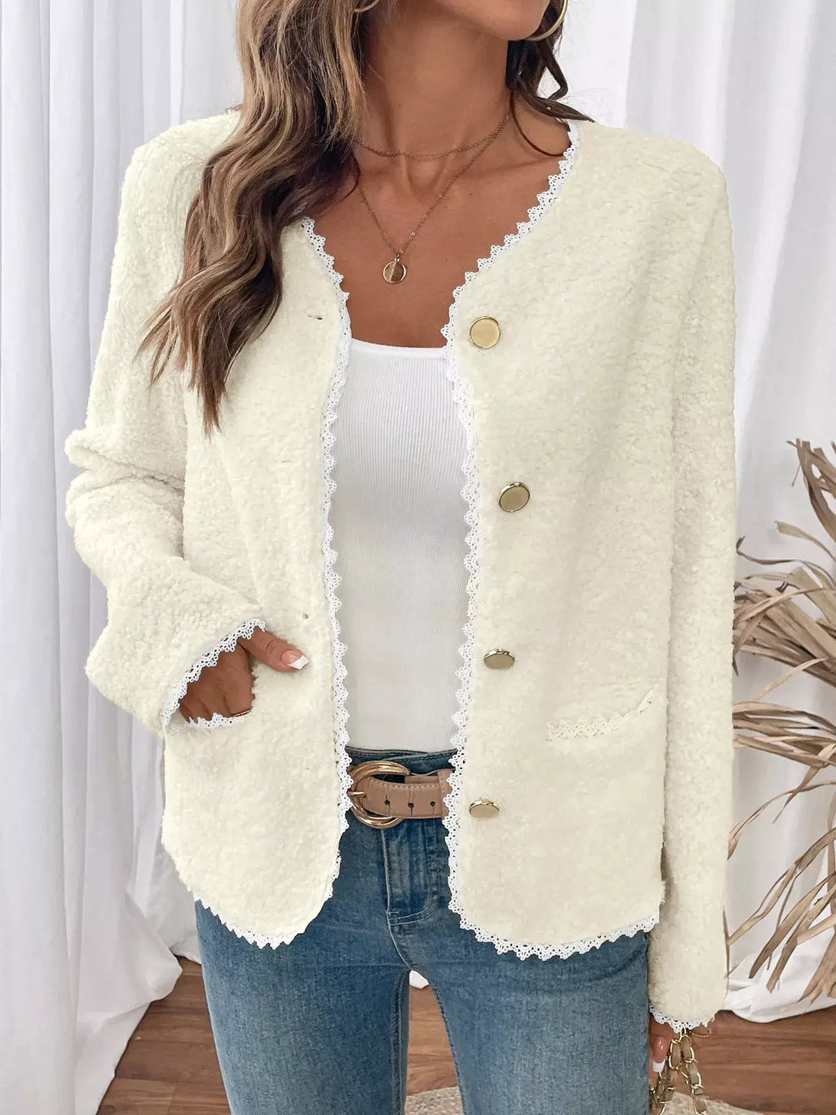 Lace Detail Button-Up Outerwear