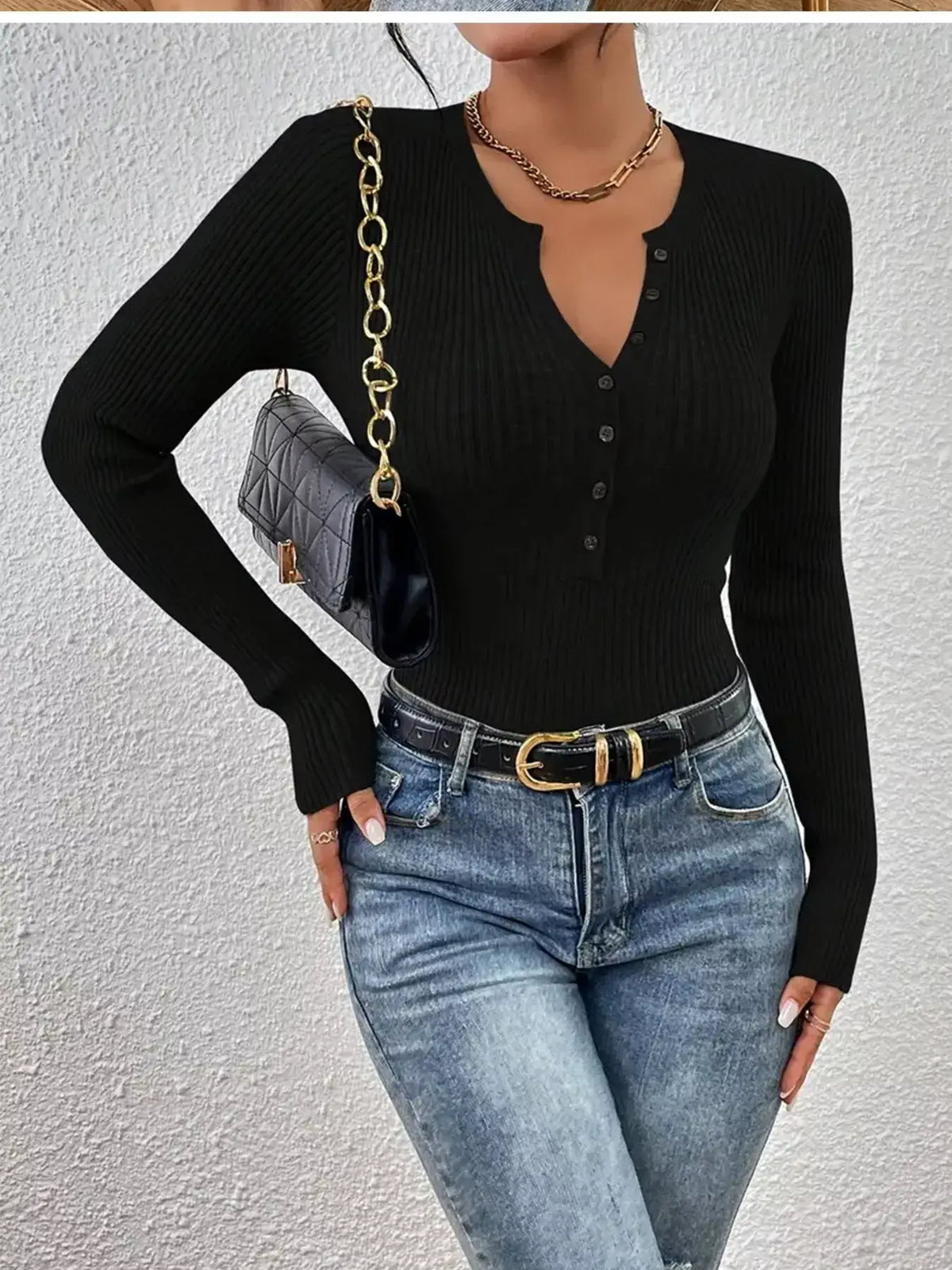 Ribbed Knit Button-Front Top