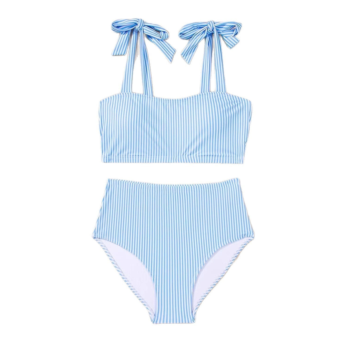 Tie-Shoulder High-Waisted Bikini Set in blue and white stripes with adjustable ties and flattering high-waisted design.