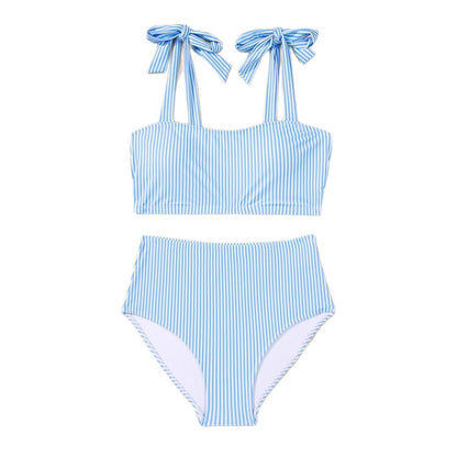Tie-Shoulder High-Waisted Bikini Set in blue and white stripes with adjustable ties and flattering high-waisted design.