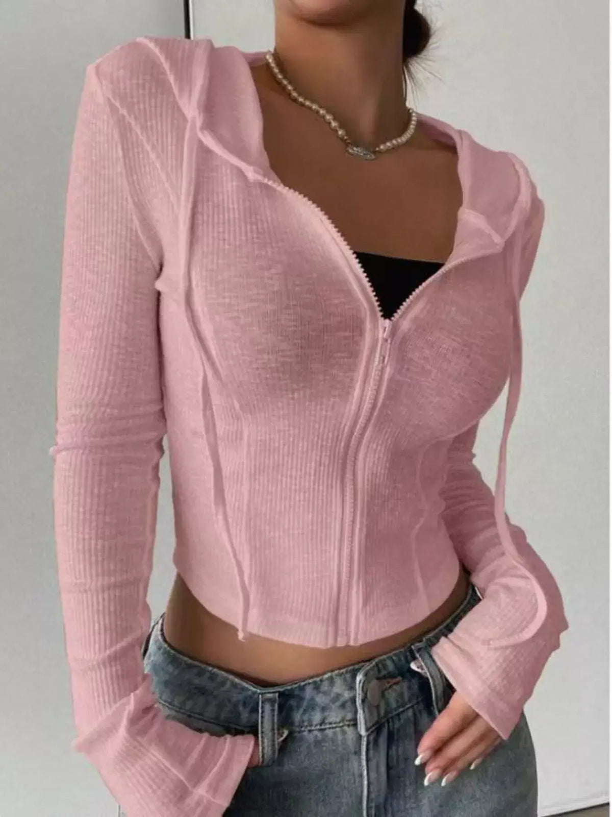 Ribbed Drawstring Zip Top