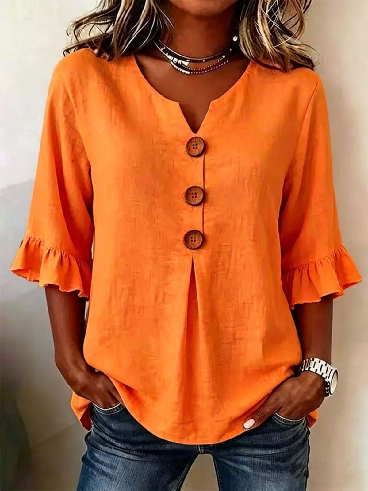 Women's Cotton-Linen V-Neck Blouse