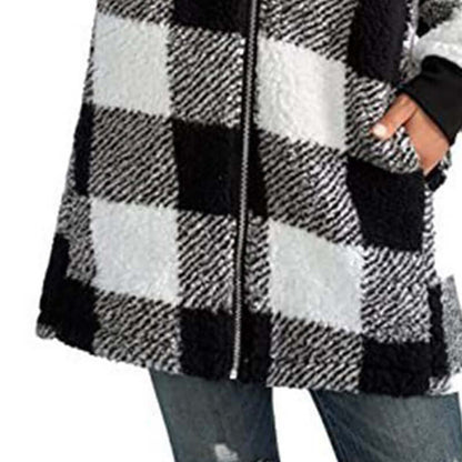 Plaid oversized winter jacket featuring a cozy hood, full front zipper, and spacious pockets for women's winter wear.