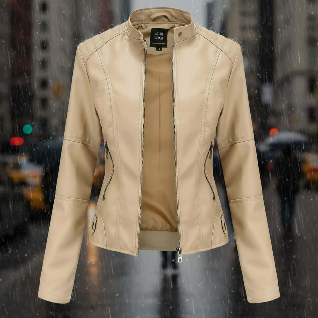 womens classic leather jacket displayed in a city setting, showcasing its chic design and versatile style.
