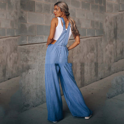 Woman wearing women's wide-leg denim overalls, showcasing a trendy relaxed silhouette and modern style.