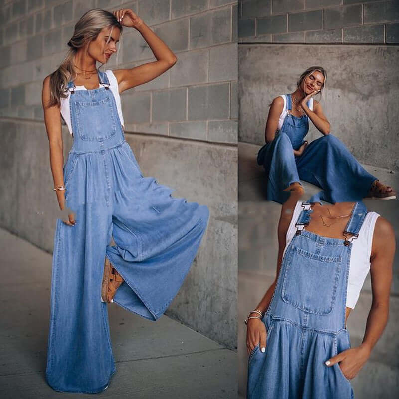 A woman modeling women's wide-leg denim overalls, showcasing a relaxed and stylish street fashion look.