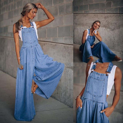 A woman modeling women's wide-leg denim overalls, showcasing a relaxed and stylish street fashion look.