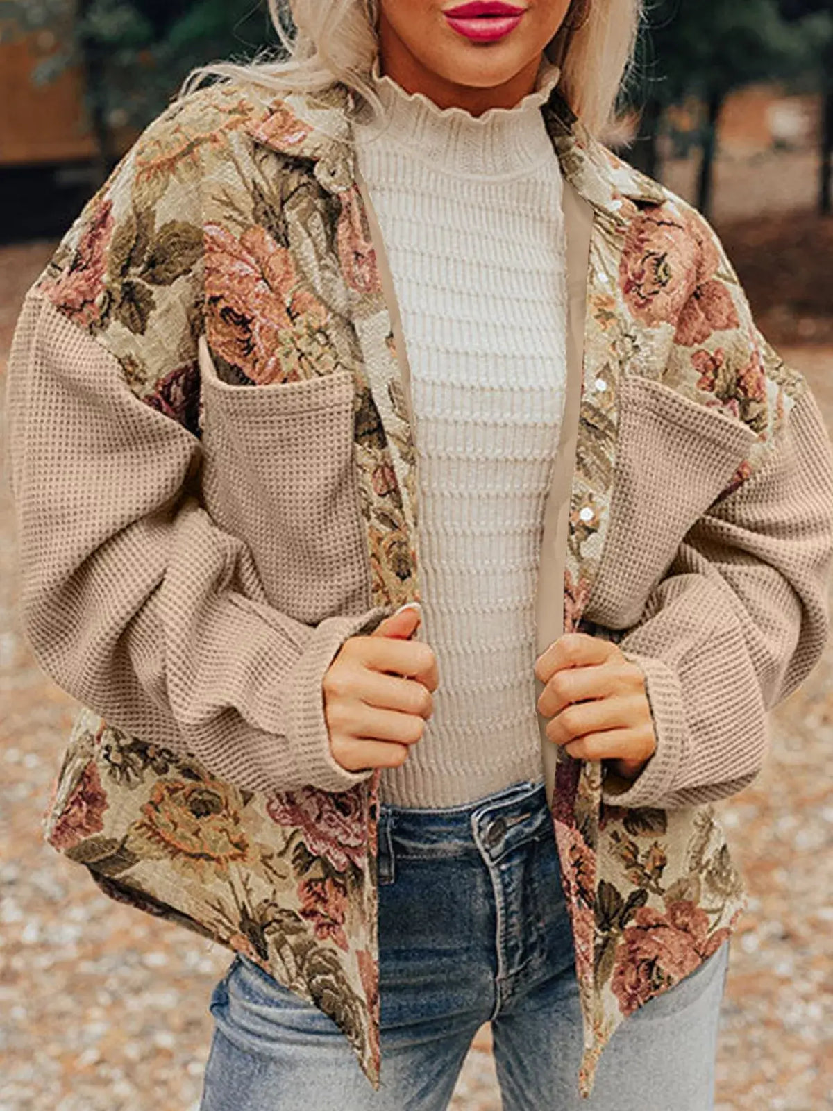 Floral Waffle Knit Patchwork Jacket