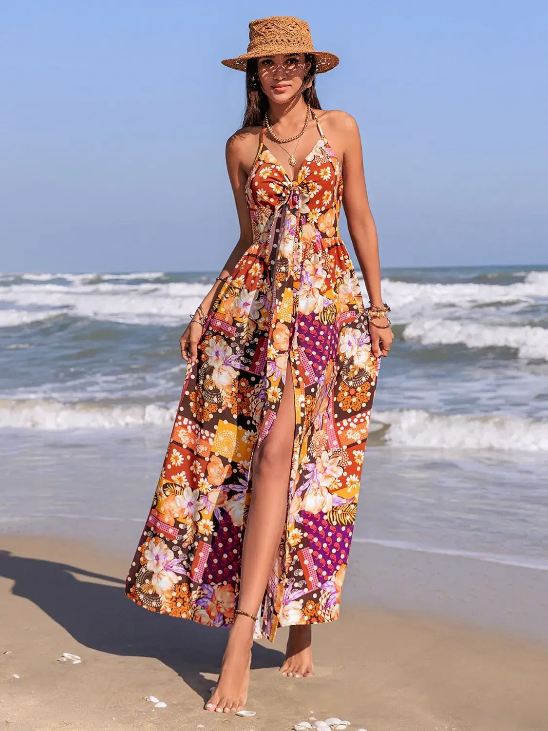 Slit Printed Halter Neck Dress