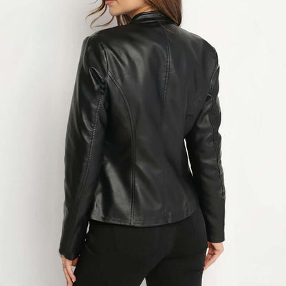 Women's Faux Leather Stand Collar Blazer