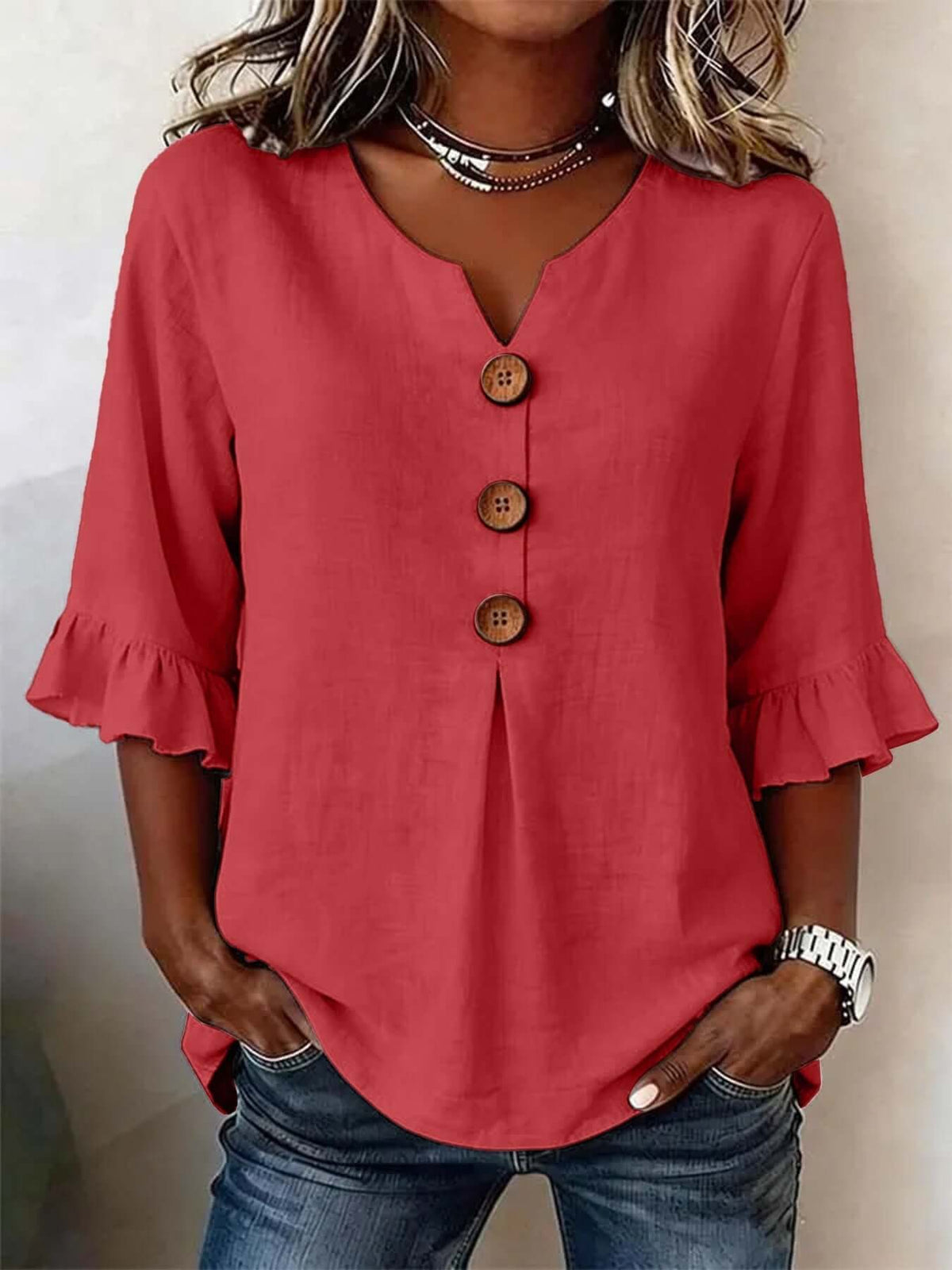 Women's Cotton-Linen V-Neck Blouse