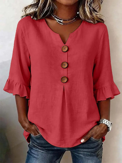 Women's Cotton-Linen V-Neck Blouse