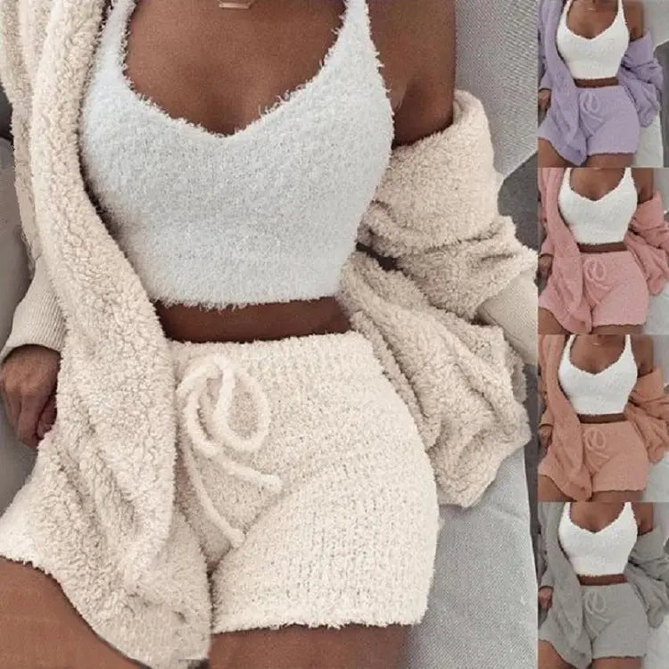 Model wearing a cream fuzzy 3-piece lounge set; thumbnails show violet, pink, tan, and gray colorways