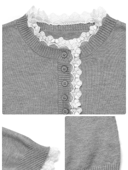 Lace Trim Button Detail Knit Top