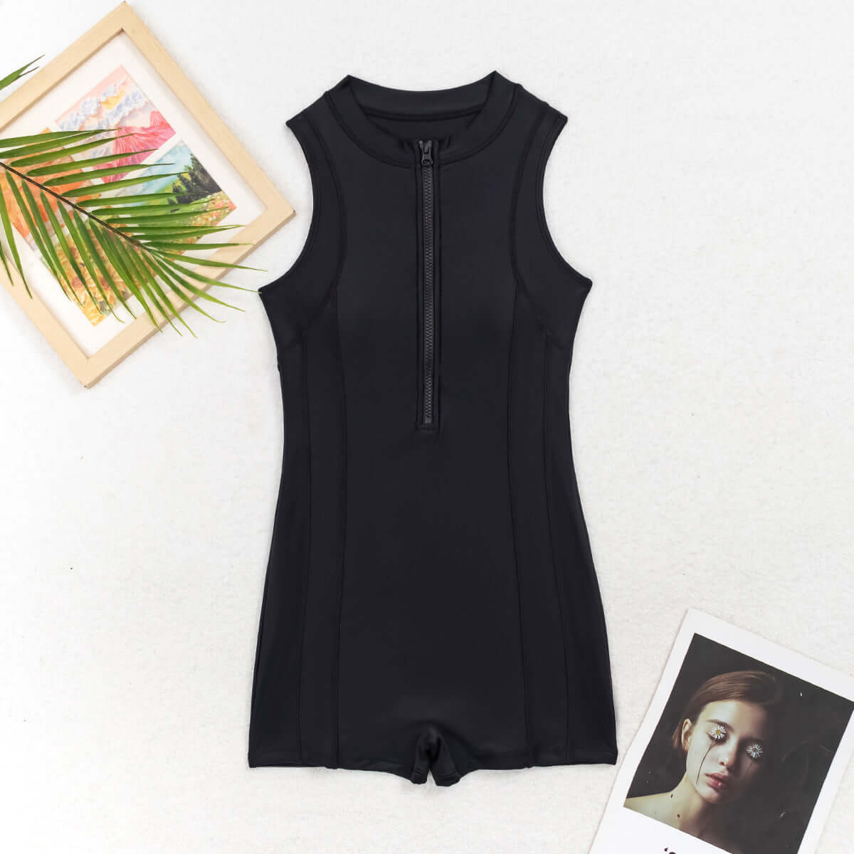 Women's Zip-Up Sleeveless Athletic One-Piece Swimsuit in black, conservative athletic one-piece swimsuit for active aquatic training.