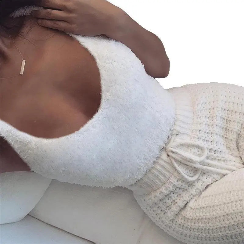 Close-up of the white fuzzy cami top and knit drawstring waistband